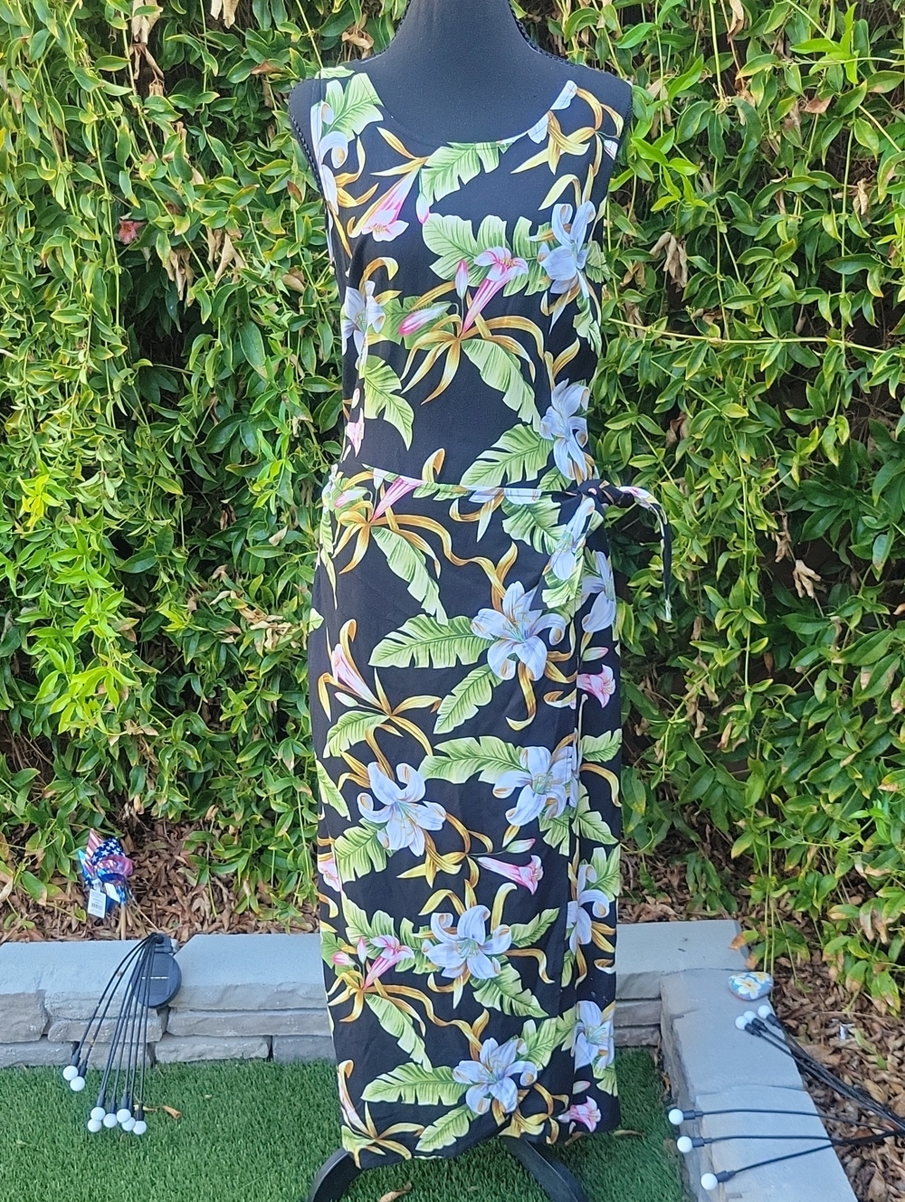 Vintage La Cabana Black Hawaiin Tropical Floral Faux Wrap Maxi Dress
